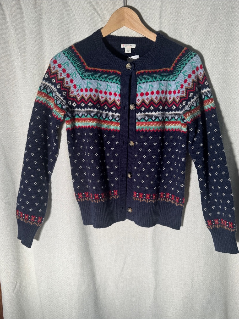 J. Crew Navy Fair Isle Cardigan with Teal, Red and Pink Accents